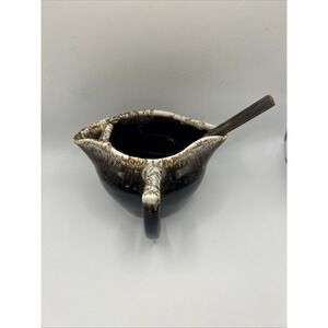 Vintage MCM Japanese Drip Glaze Stoneware Gravy Boat Elco Japan Spoon